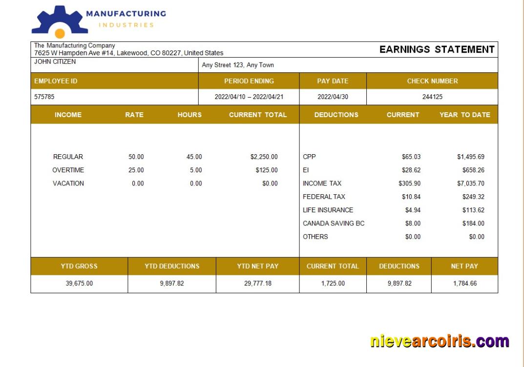 manufacturing company  payslip
